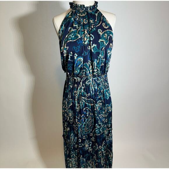 NWD Nicole Miller Blue Halter Neck Silk Feel Midi Dress Womens Size Large L NEW - Picture 2 of 10
